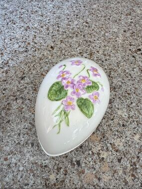 Hand-Painted Floral Ceramic Trinket Dish - Purple Flowers on White